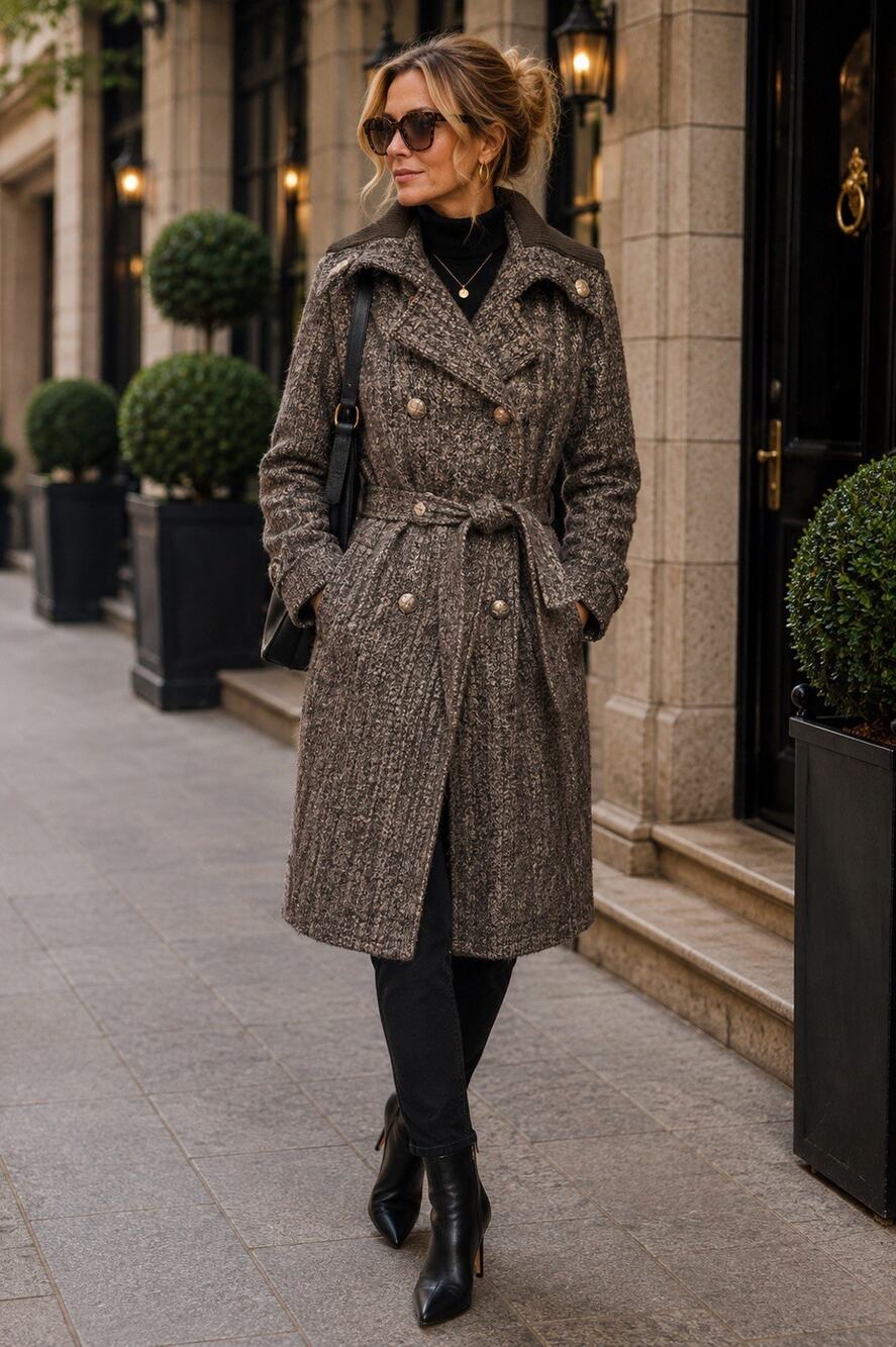 Calvin Klein Brown Tweed Double Breasted Belted Trench Midi Coat Size 16